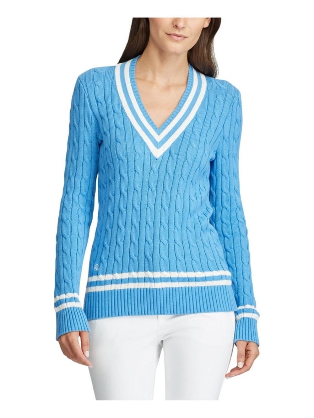 Ralph Lauren Light Blue Cable Knit V-neck Cricket Sweater, XL, EUC